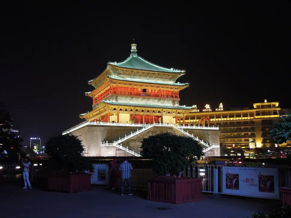 Xi’an Bell Tower illuminated against the night sky